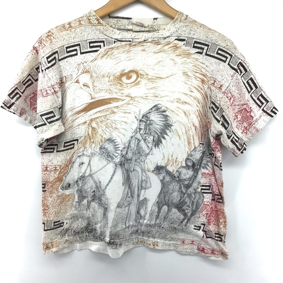 VINTAGE Single Stitch 80s All Over Native American Print Cropped Top - Picture 4 of 13
